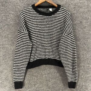 Divided Sweater Pullover Women L Large Black Striped Knit Alpaca Long Sleeve